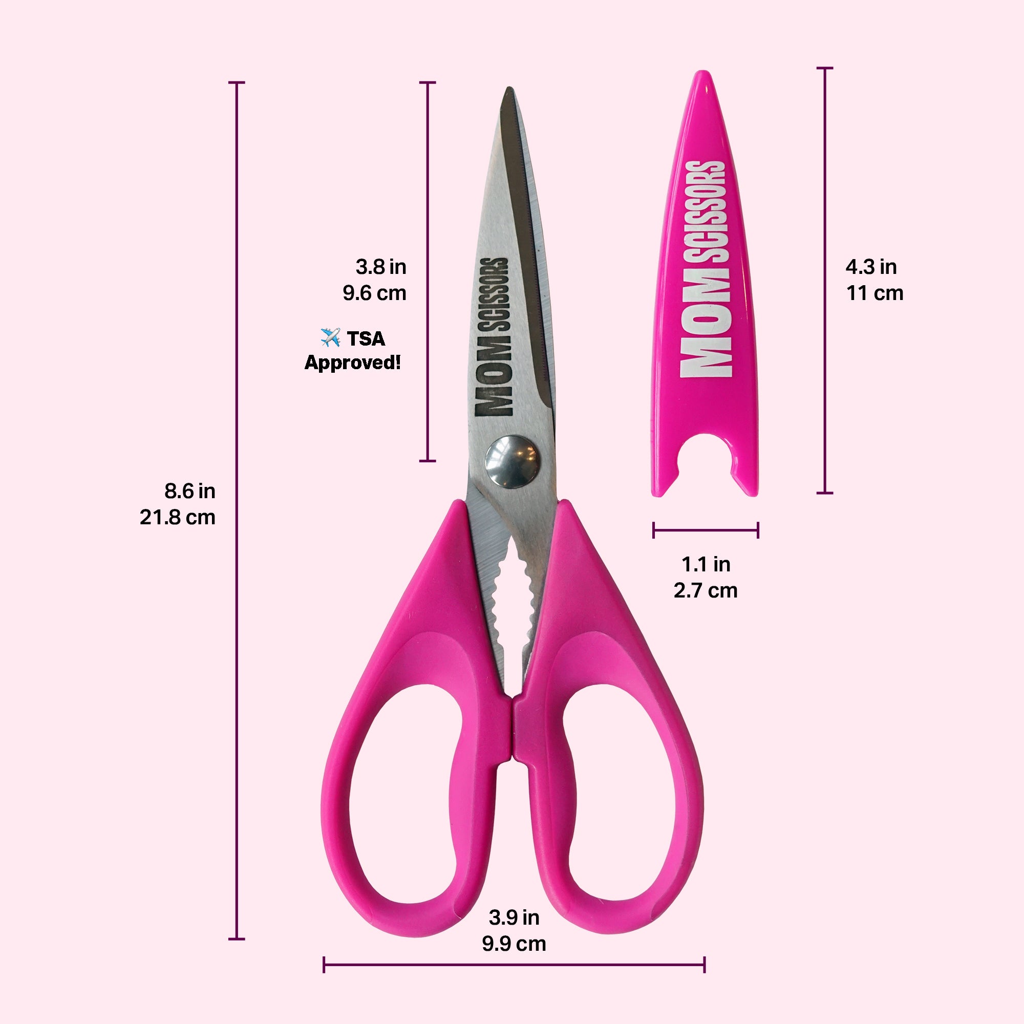 Pink Mom Scissors TSA Approved with protective sheath and measurements.