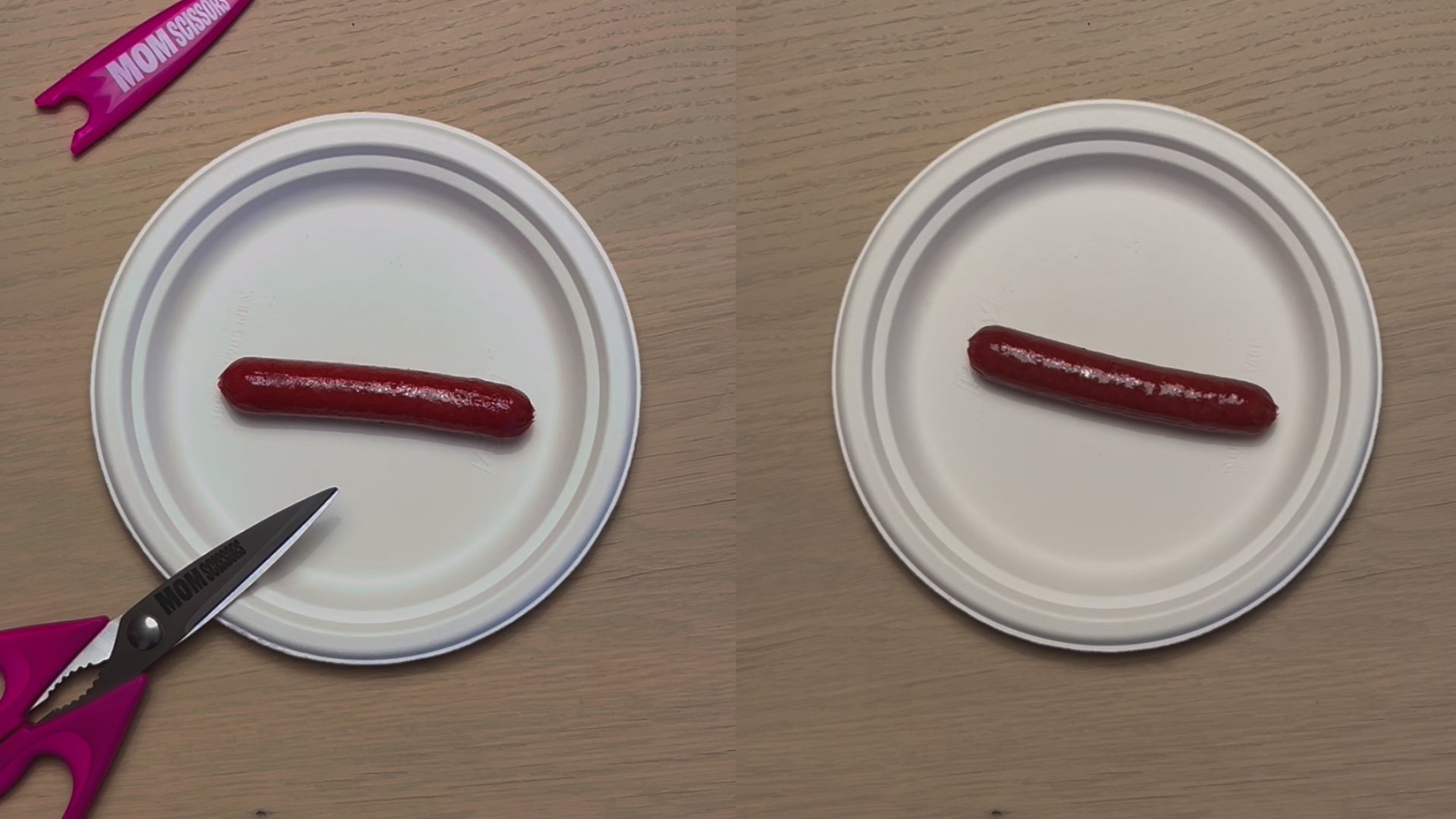 Load video: A comparison video showing a mom cutting a hot dog with Mom Scissors versus a knife and fork. Mom Scissors, the pink food scissors for toddlers, cut faster and more efficiently, making them a must-have for busy parents.